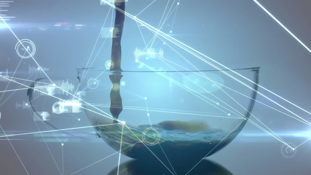 Glass bowl filling with clear liquid, digital network HUD overlaying high-tech 3D render