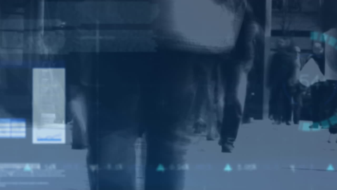 Animation of screens with data processing against low section of people walking on the street