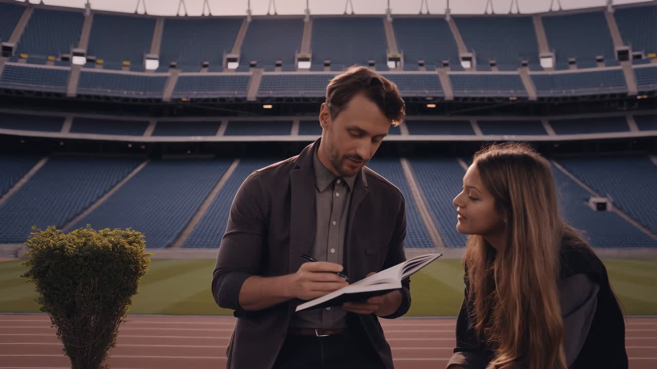 People conversing at a stadium