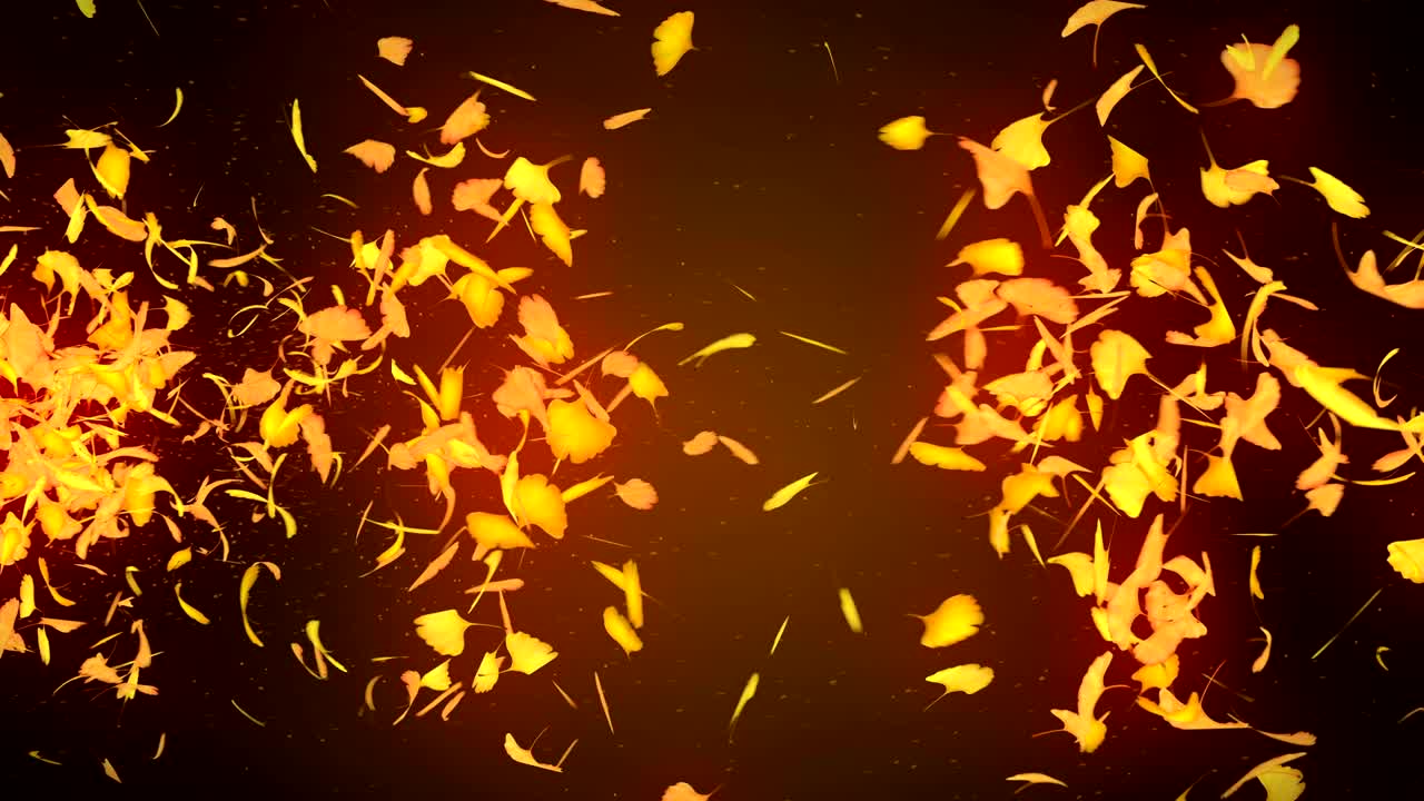 노란색 배경에 떨어지는 가을 잎, 진코 잎, 루프 글리터 애니메이션