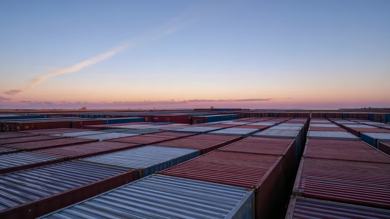 Tracking camera moving forward over corrugated roofs of stacked containers at dusk, adding depth