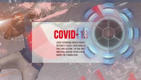 animation of data processing and covid 19 text over african american football player