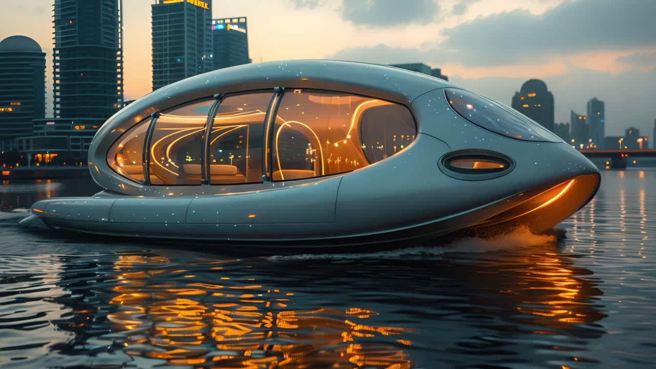 Futuristic Boat Cruising Through a City at Dusk