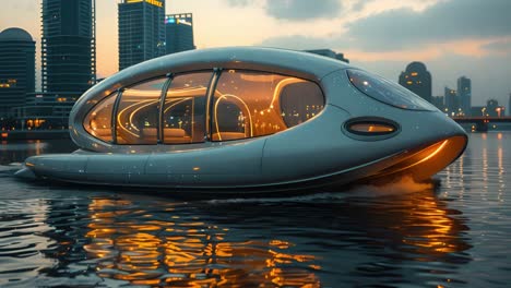futuristic boat cruising through a city at dusk