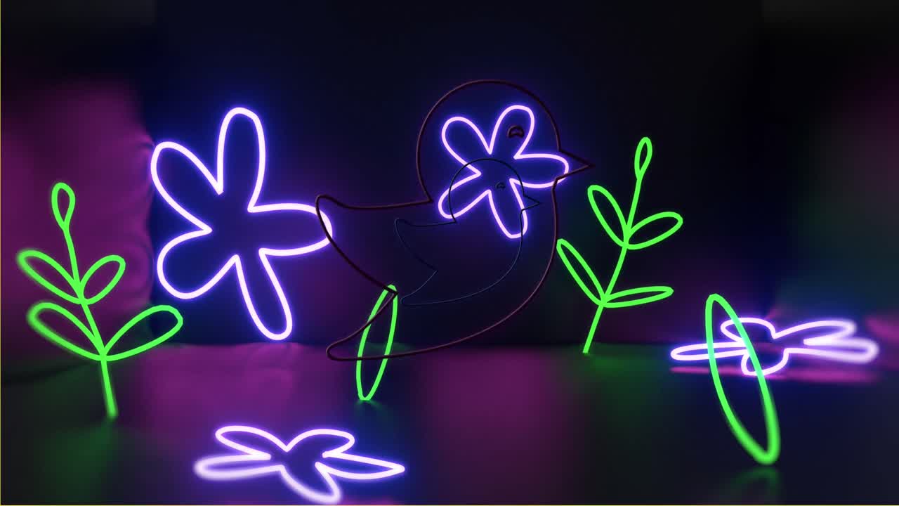 animación de iconos de los medios y plantas de neón sobre fondo negro