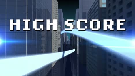 animation of high score text in white letters over cityscape on blue background