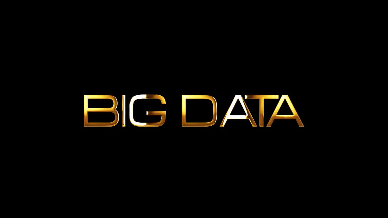 BIG DATA golden text with light glowing effect isolated with alpha channel Quicktime Prores 4444 encode. 4K 3D rendering seamless loop Big Data word light effect video cover for overlay your footage.