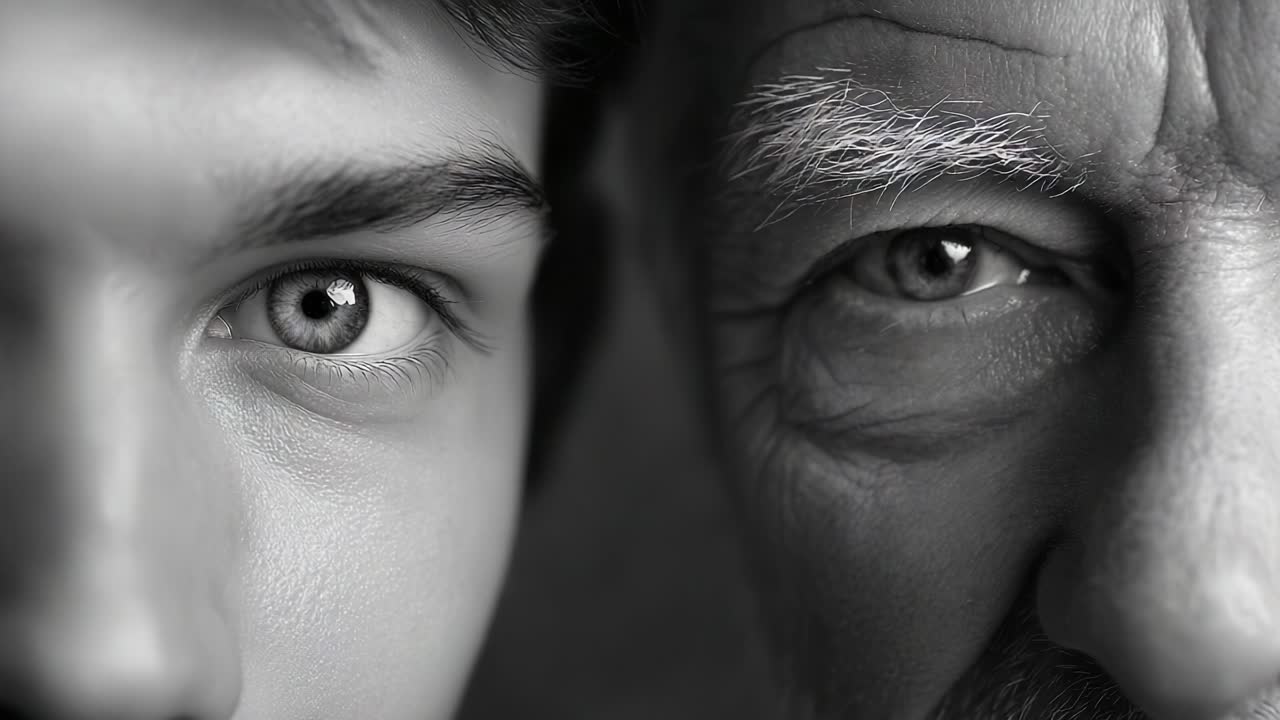An Intimate Contrast: The Close-Up Connection Between Generations as a Young Man and Elderly Man Share a Moment of Reflection and Understanding Through Their Expressive Eyes