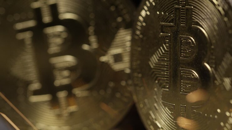 Criptovaluta sulla blockchain - primo piano di monete fisiche Bitcoin e Altcoin in un ambiente dinamico
