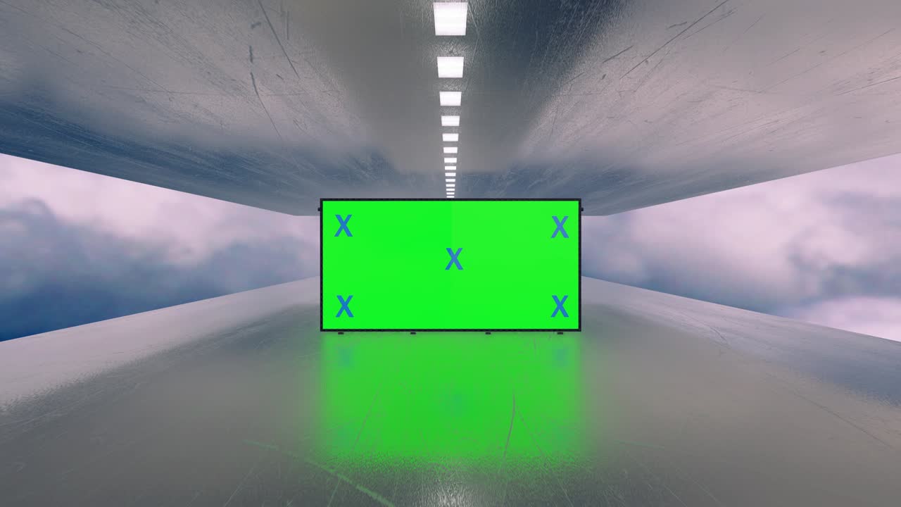 Billboard with green screen and tracking markers. Video mock up for advertisement, promotion. Big board with blue sky, clouds time lapse.