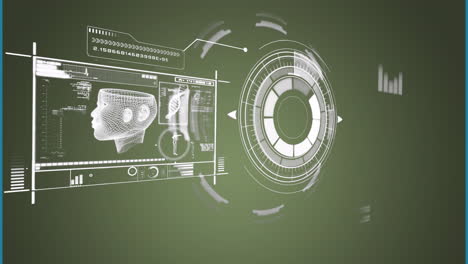 Animation-of-science-data-processing-over-scope-scanning-on-green-background