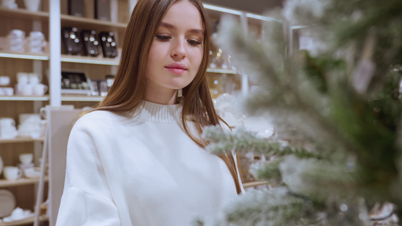 Close up of lady tenderly touching decorative plant surrounded by beautiful utensils in well-arranged home decor section of a stylish store
