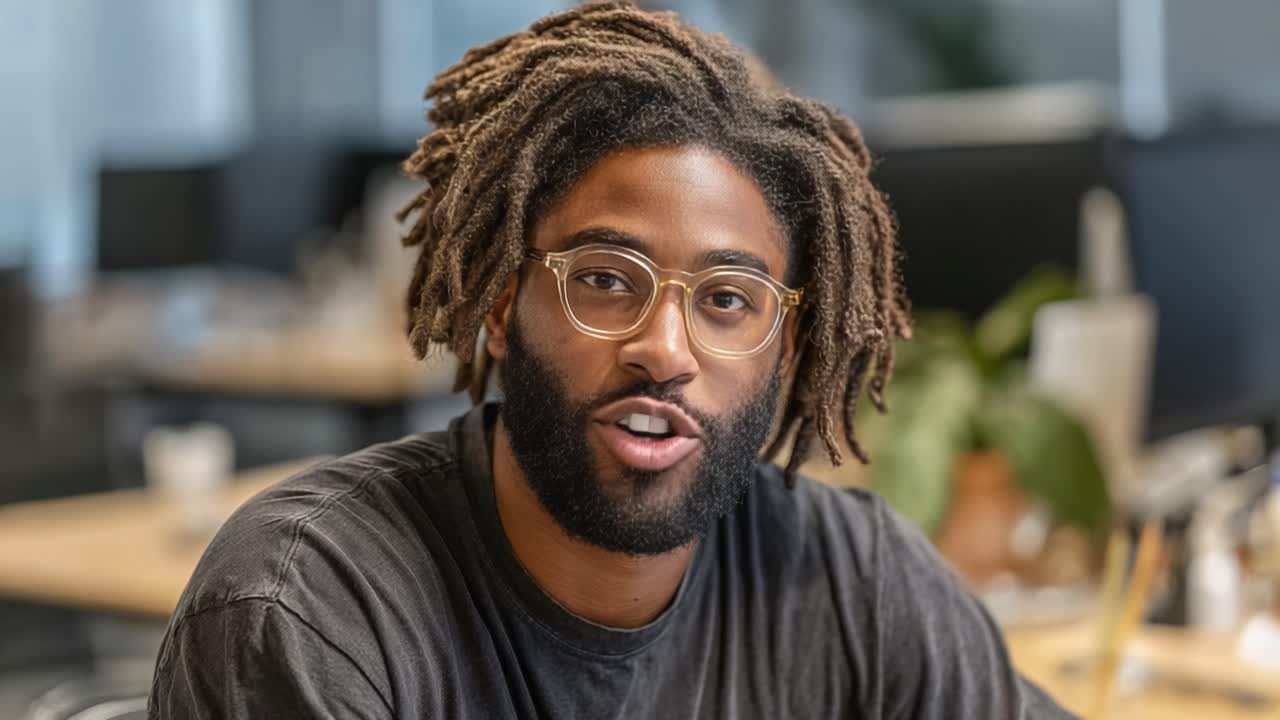 A confident young man with stylish dreadlocks and glasses engages in conversation at a modern workspace, showcasing a blend of personality and professionalism