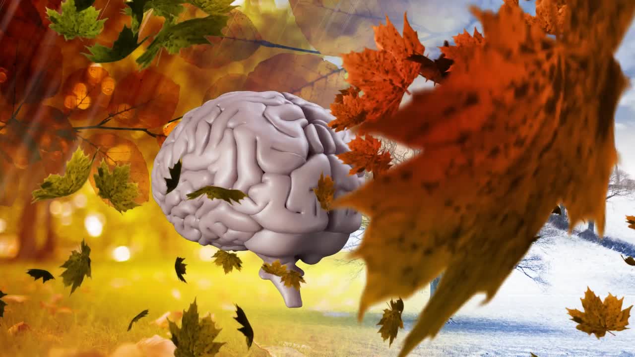 hojas de otoño cayendo sobre el cerebro humano icono girando contra el árbol en el paisaje de invierno