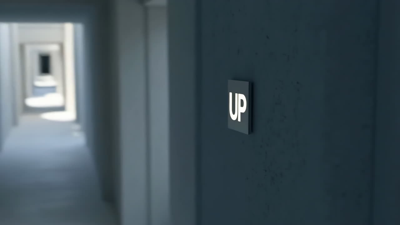 A long, modern hallway with a glowing 'UP' sign on the wall
