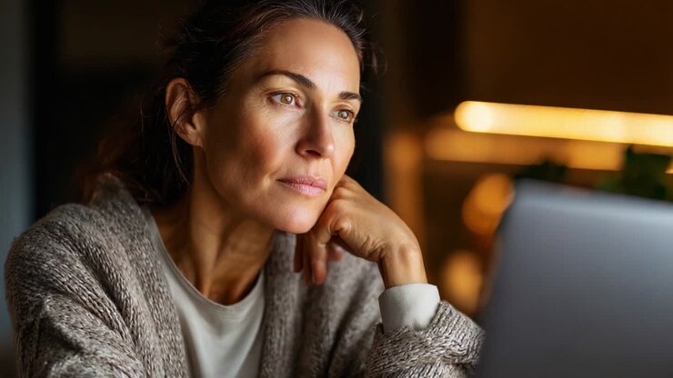 Contemplative Moment: A Woman Engaged in Thoughtful Reflection While Working on Her Laptop, Highlighting the Blend of Focus and Tenacity in Modern Life's Digital Workspace