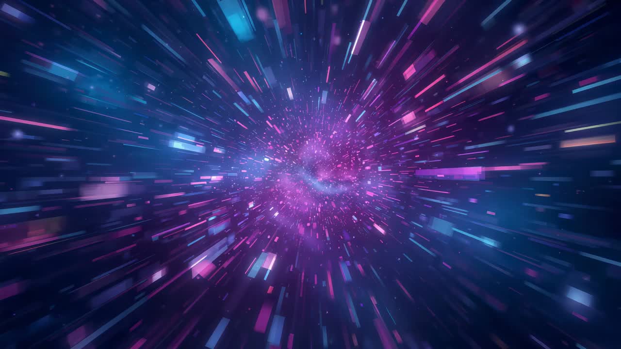 Camera accelerating toward nebula core, passing light bars, sparks, blue haze creating motion