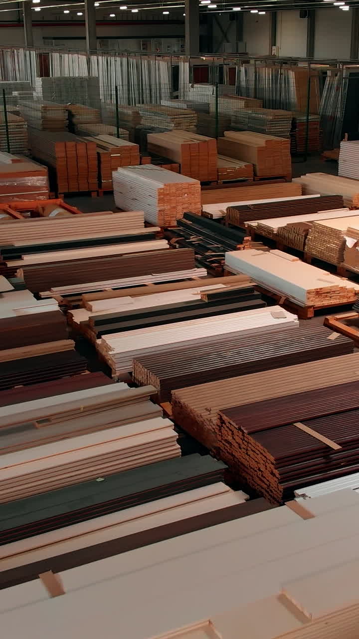 Wooden planks of diverse colors stored in the large premises. Piles of timber materials for door manufacturing. Vertical video