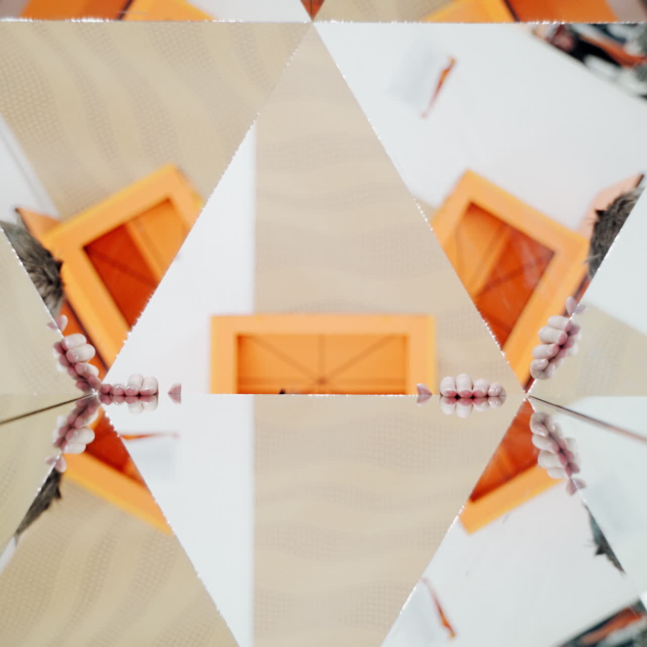 Child in a kaleidoscope tunnel. Glance into infinity. Museum of Science