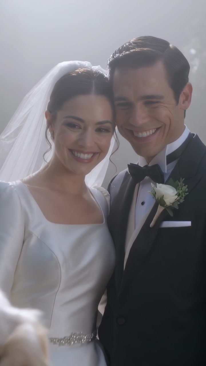 Video vertical: Novios sonrientes inclinándose para un retrato, la cámara acercándose, con vestido, esmoquin y perro.