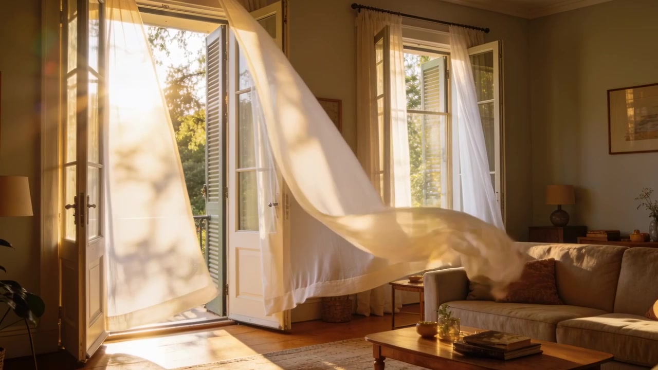 Tenda bianca velata che ondeggia mossa dalla brezza proveniente dalle porte finestre in soggiorno, proiettando ombre.
