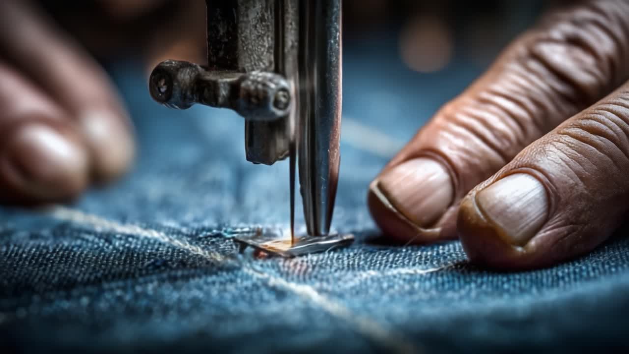 Artigianato in azione: Un primo piano di mani esperte che azionano abilmente una macchina da cucire su tessuto denim, evidenziando precisione e dettaglio in ogni punto.
