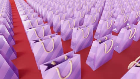 rows of digital purple gift bags on a red floor, 3d animation tracking right