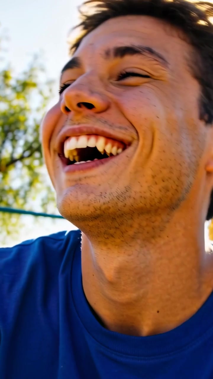 Video verticale: Uomo in maglietta blu che reagisce al sole, scoprendosi il viso con entrambe le mani, ridendo al parco giochi.