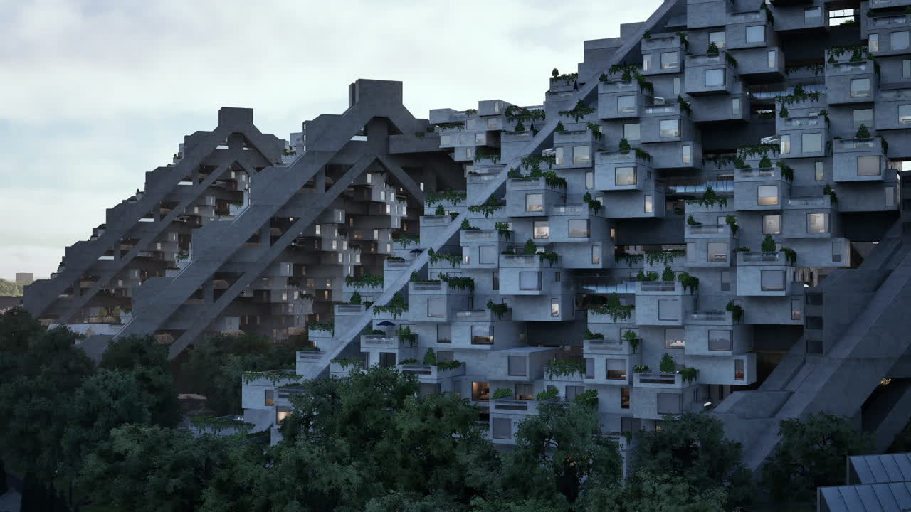 都市部に建ち並ぶ、テラス付きアパートが特徴的なモダンな建築デザイン