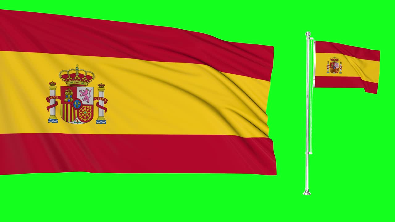 Green screen hiper realistic of Spain two flags waving in the wind spanish flagpole fluttering with highly detailed fabric texture animation 4k 3d chroma key