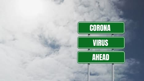 Animation-Der-Worte-„Corona-Virus-Voraus“-Auf-Einem-Verkehrsschild-Mit-Wolken,-Die-Sich-Im-Hintergrund-Am-Himmel-Bewegen