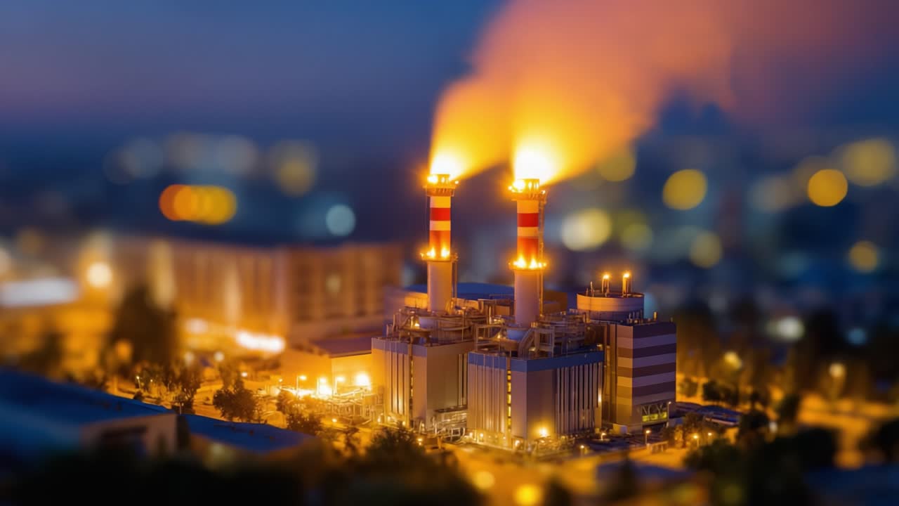 Une vue d’ensemble captivante d’une centrale électrique industrielle au crépuscule, avec des cheminées actives émettant de la vapeur et des structures illuminées, dans un cadre urbain dynamique.