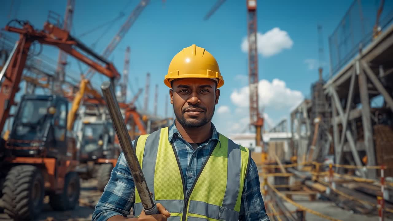Standing helmeted worker on building site holding pipe and gazing at camera with cranes scaffolding
