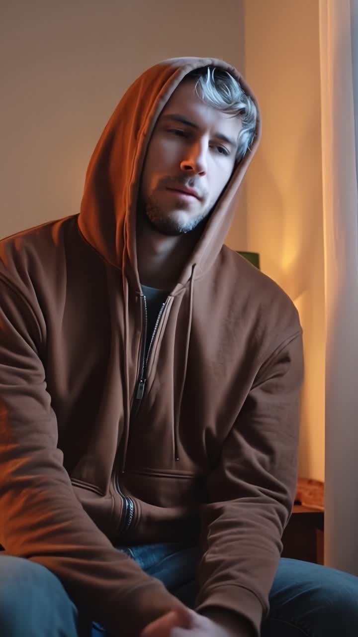Young man sits slumped, hooded, in dim, warm light. He appears weary, head bowed, eyes downcast. His posture suggests quiet sadness or deep thought. Ideal for scenes of solitude, introspection