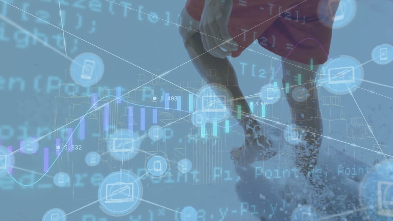 금융 데이터 처리의 애니메이션 백인 남자가 바다로  ⁇ 고 있습니다.