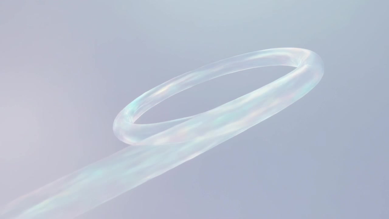 Entering left, translucent tube looping, rotating and unwinding, sliding right in pastel backdrop