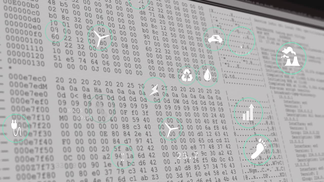 animación de múltiples iconos digitales sobre el procesamiento de datos en la pantalla de la computadora.