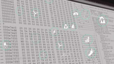 Animation-of-multiple-digital-icons-over-data-processing-on-computer-screen