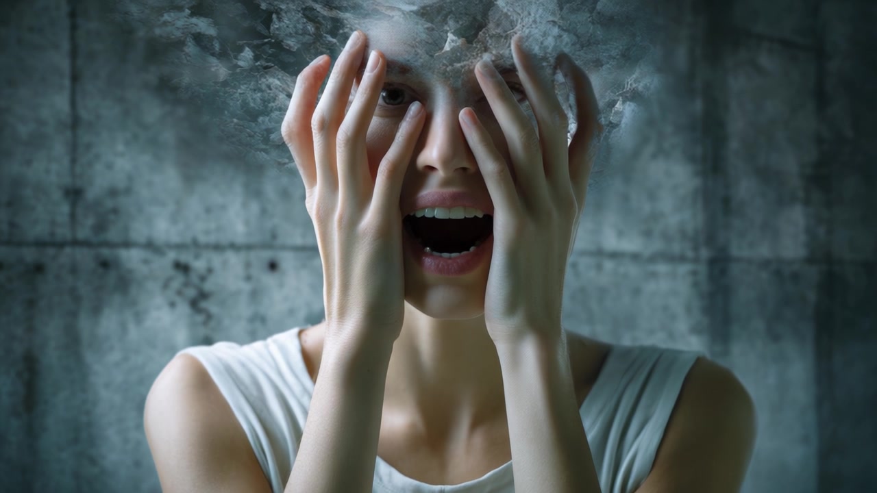 An expressive moment captured in a striking video frame, revealing a person overwhelmed with emotion and surrounded by a surreal cloud of wispy particles.