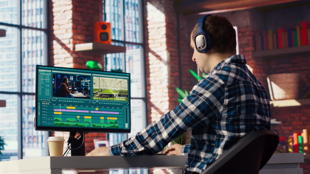 컴퓨터에서 편집 도구를 사용하여 영화 프로젝트 영상을 잘라내는 프리랜서