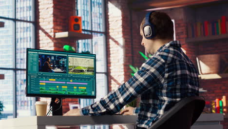 freelancer using editing tools on computer to cut movie project footage