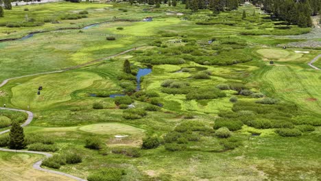 olympic valley, california usa in summer season, green fields and creek under hills, drone shot