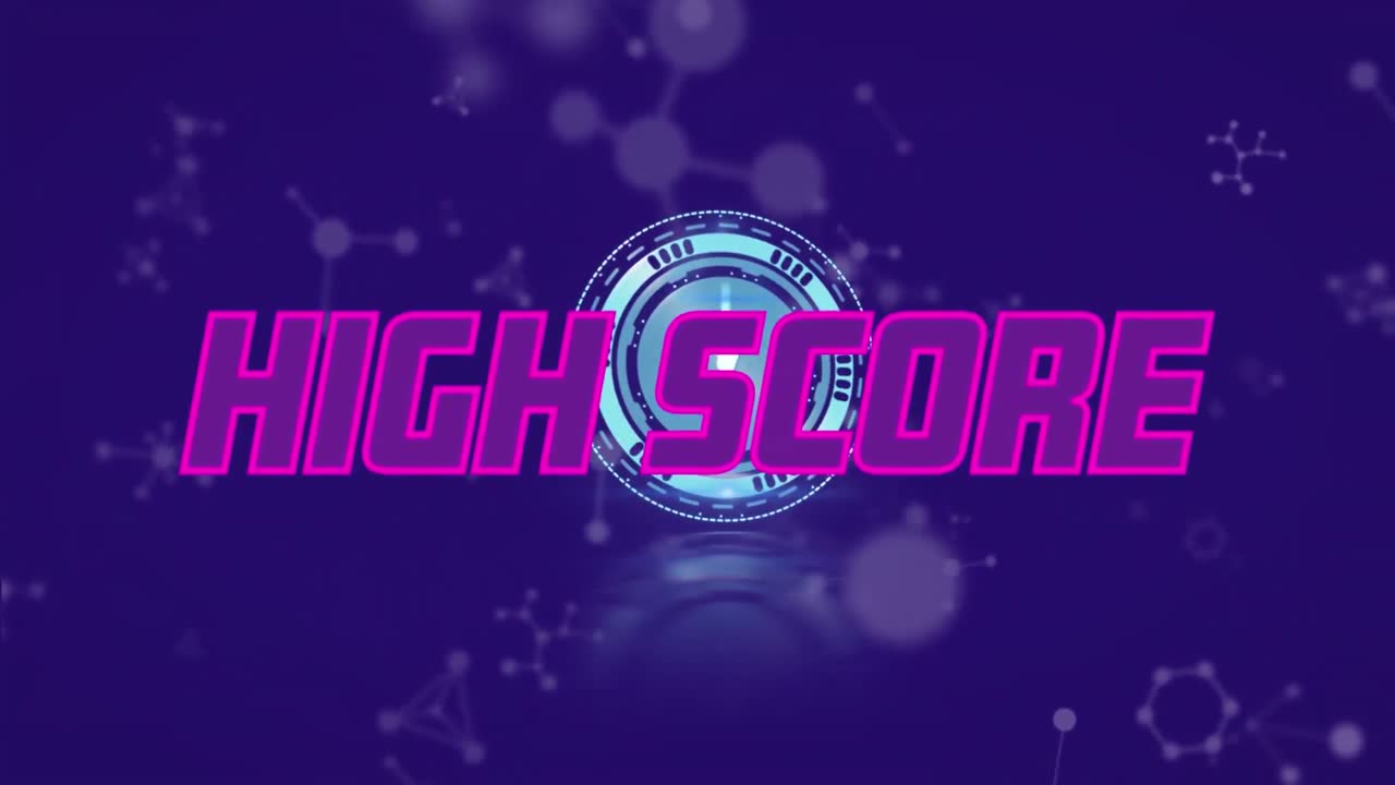 Animation of high score text banner over ticking clock and molecular structures on blue background