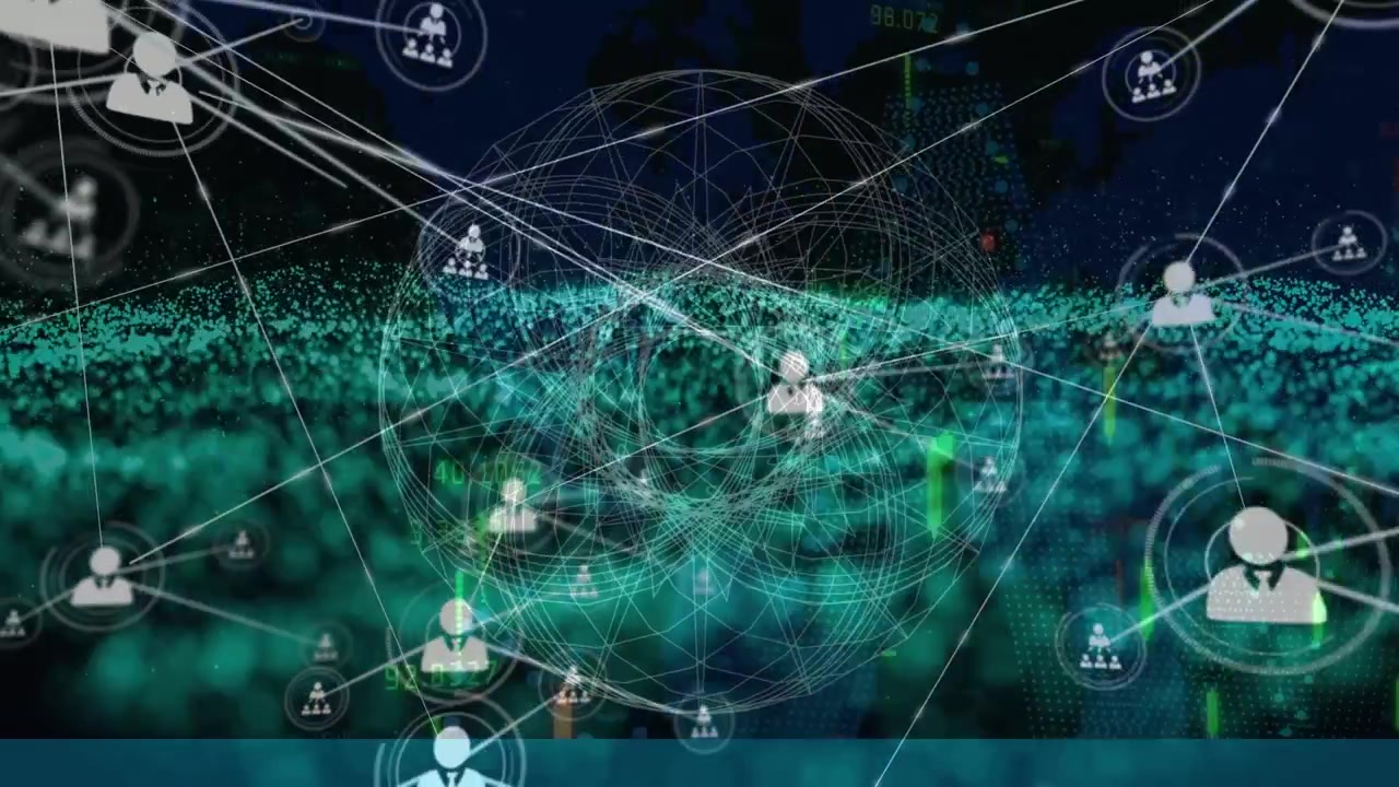 Animation af forbindelser, cirkler og glimmer i et sort digitalt rum.