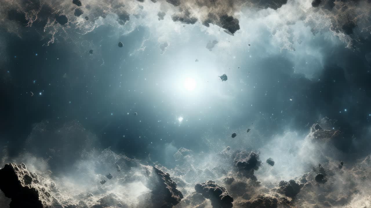 A cosmic video scene with a wide-angle view of a glowing nebula surrounded by clouds and stars