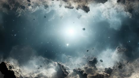 a cosmic video scene with a wide-angle view of a glowing nebula surrounded by clouds and stars