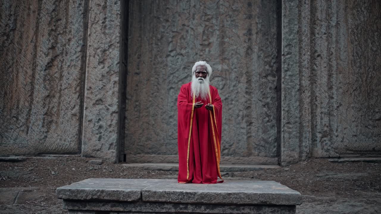 Senior Orthodox priest wearing ornate red gold vestments, standing with clasped hands near rock carved Lalibela church, historic Ethiopian Christian landmark designated UNESCO World Heritage site