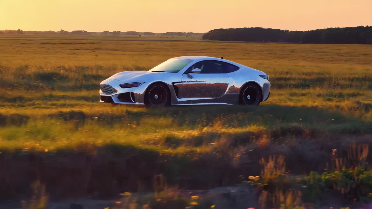 해가 지는 황금색 에 있는 은색 스포츠카