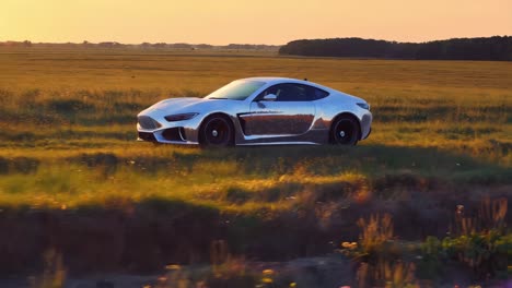 silver sports car in a golden field at sunset