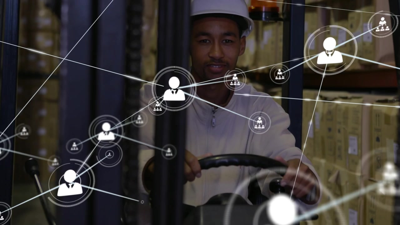 Animation of network of connections with icons over male worker in warehouse
